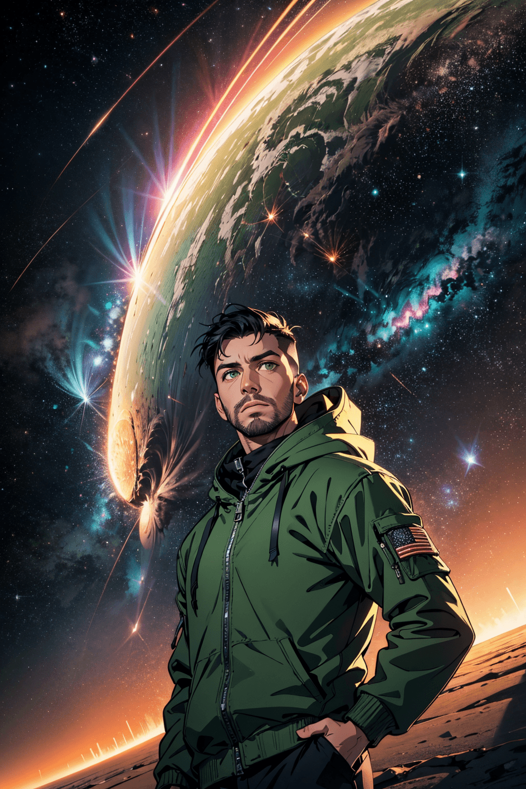 AI generated: (masterpiece),black hair, undercut hair, green bangs,wear hood, bright green eyes, thin beard, weari...