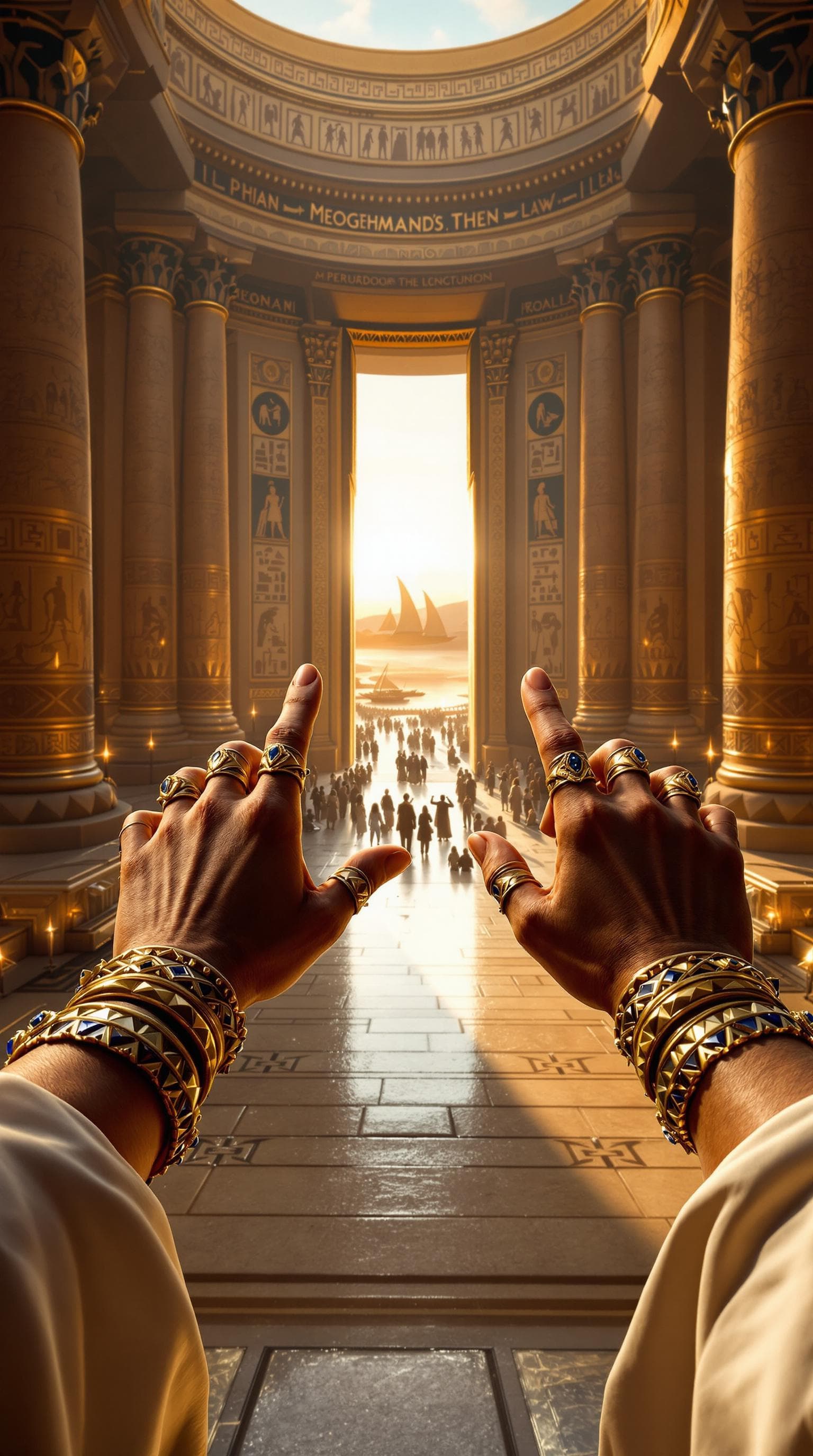 AI generated: First-person POV, the Pharaoh’s hands rest on the golden armrests of the massive throne, adorned wit...