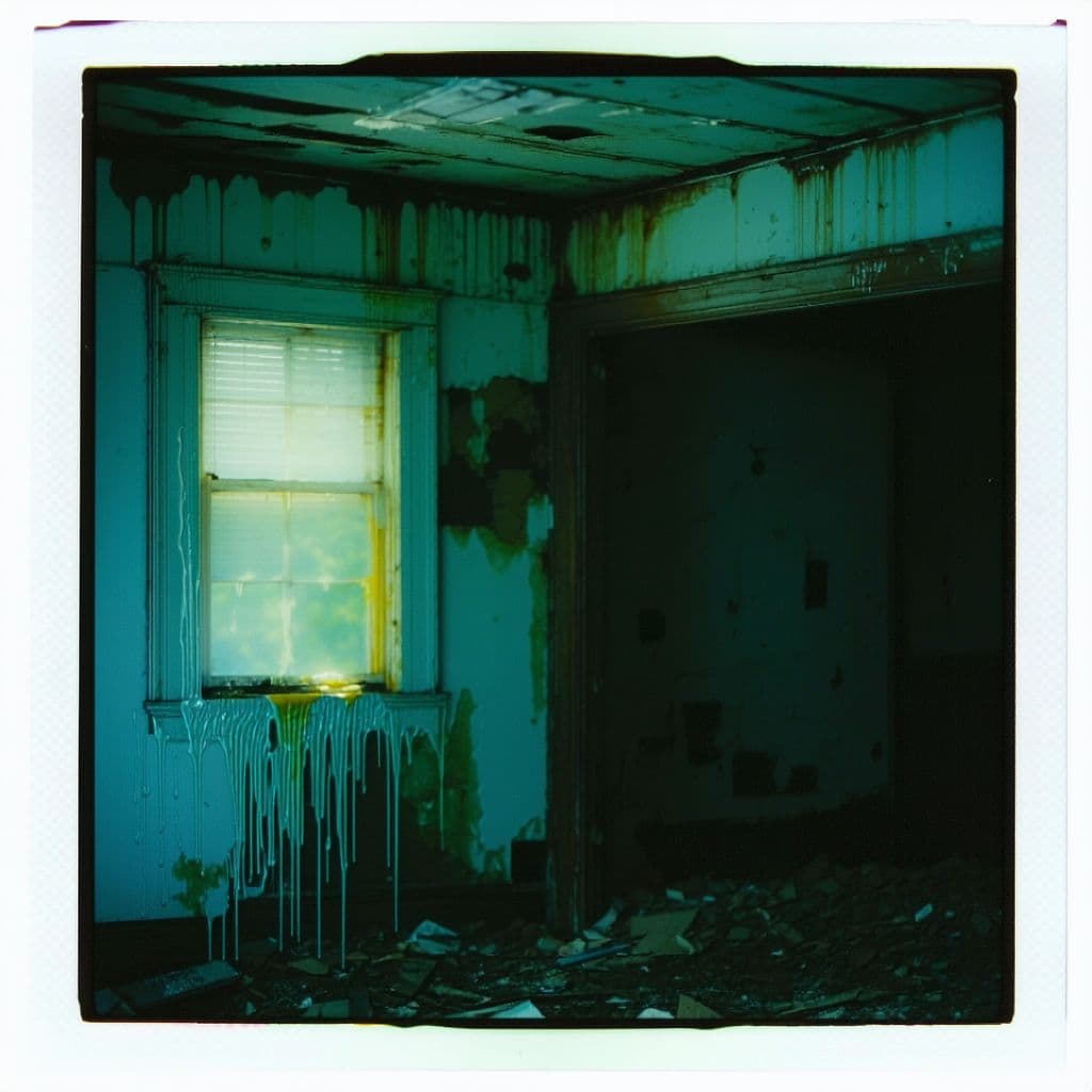 AI generated: grainy 80's photograph quality polaroid of king slime suicide caught in an abandoned house, dark