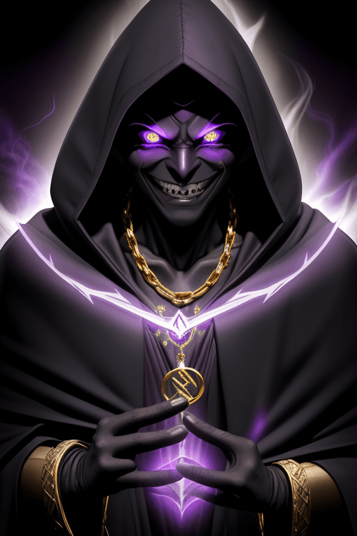 AI generated: Shadow wizard, in purple cloak hood, pitch black face glowing eyes and sharp white teeth smile, gold...