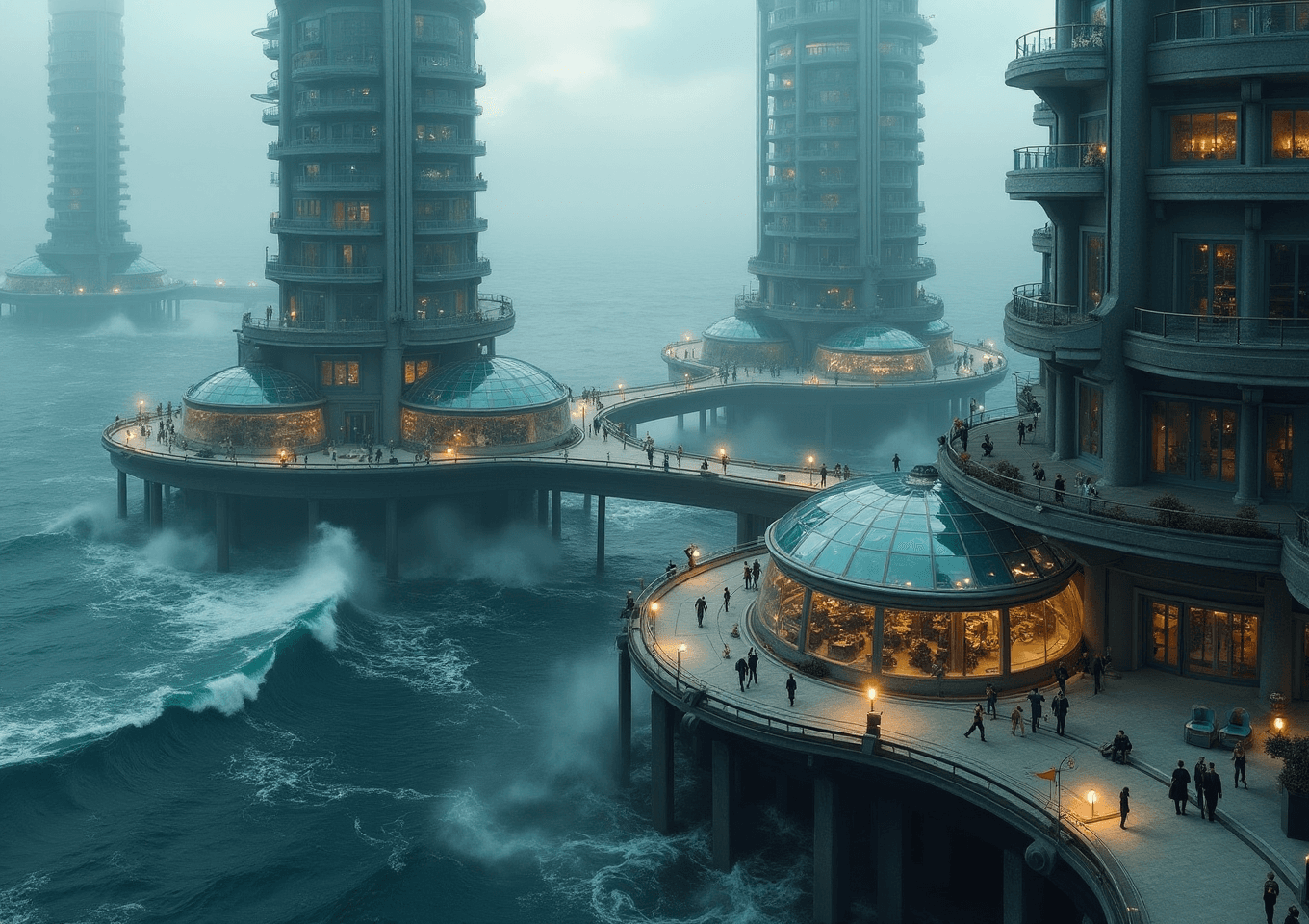 AI generated: A futuristic, floating city in the middle of a raging ocean with high waves. Several different build...