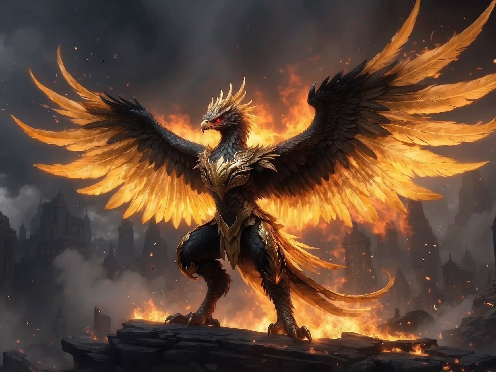 AI generated: Black and gold burning big flames Fenix with Burning wings facing the camera Avatar

