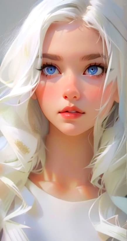 AI generated: Portrait of a female with long white hair, wearing a white shirt, digital colors, subtle illuminatio...