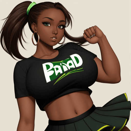 AI generated: pandad, brown hair, dark skin, green eyes, huge breasts, two tone hair, hoop earrings, single ponyta...