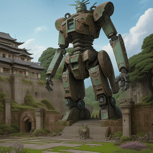 AI generated: ancient ruins of a giant robot, rusted metal and lichens cover robot, ornamental flower gardens with...