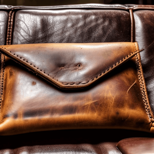 AI generated: An open abandoned leather wallet lying empty beside a creme couch cushion