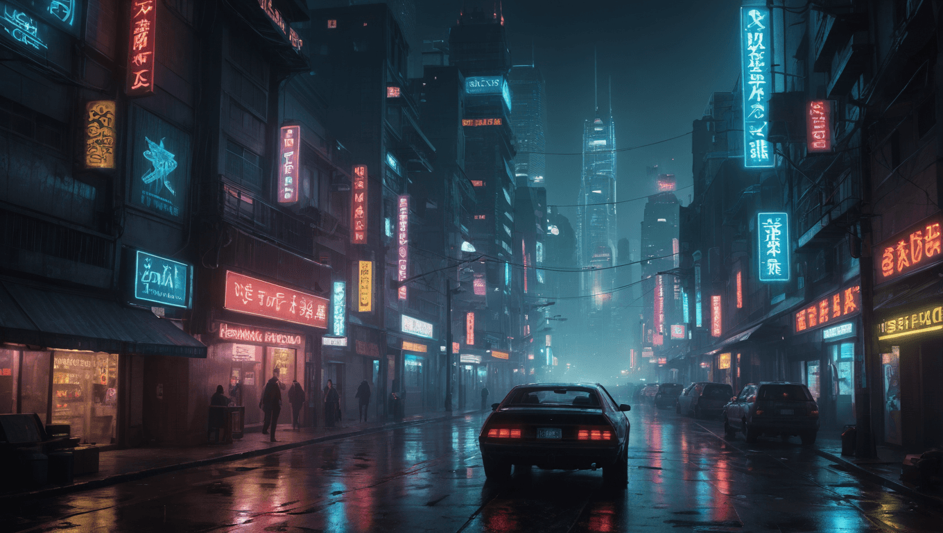 AI generated: a cinematic bladerunner sci-fi city landscape, cyberpunk theme, at night with neon lights, by Stanle...