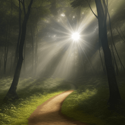 AI generated: photo of just rays of the sun (no sun visible) make their way from above throuhg the foliage of tree...