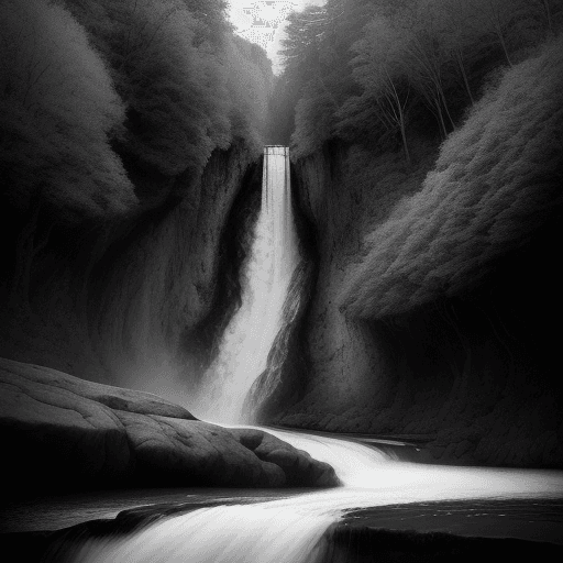 AI generated: Artistic Photography of a car suspended in mid-air, with a serene river and a waterfall as the backg...