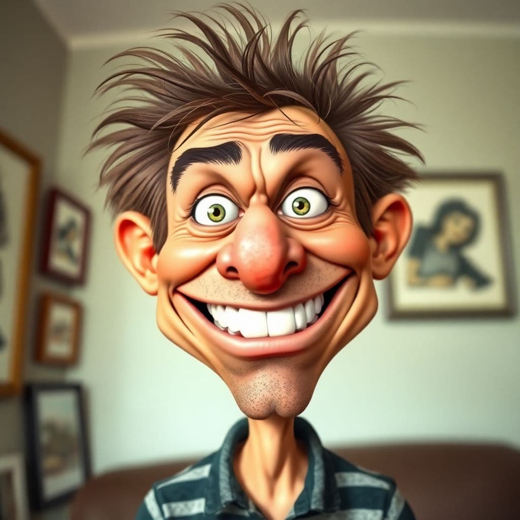AI generated: funny caricature, exaggerated cartoon human, male, 40 years old, wild-haired, big-nosed, toothy, imp...