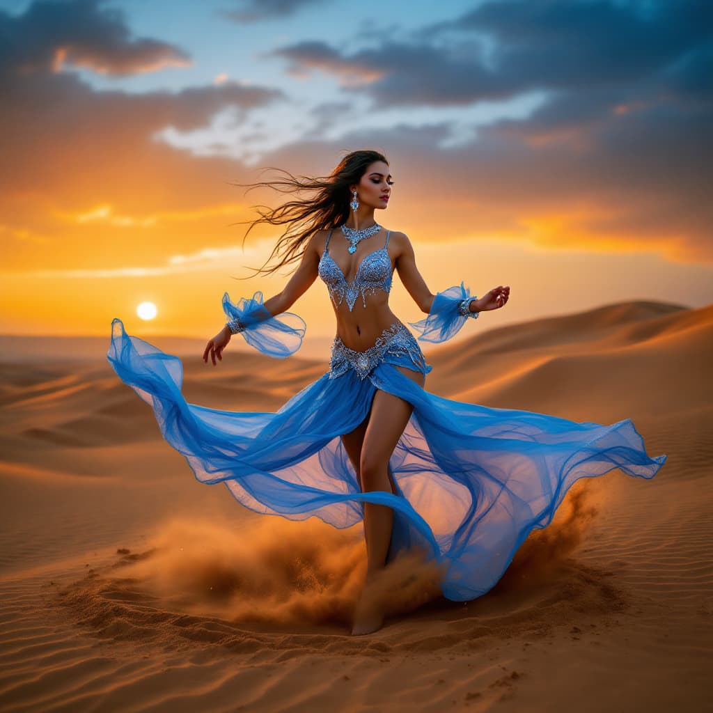 AI generated: "A belly dancer girl performing in the Thar Desert at twilight, surrounded by golden sand dunes and ...
