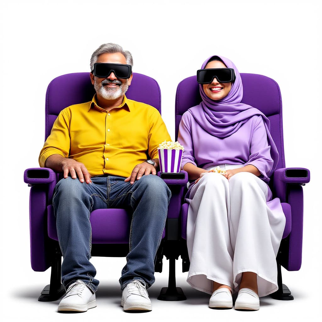 AI generated: super realistic photo of A Bahraini couple wearing black 3d cinema glasses, smiling, seating on two ...