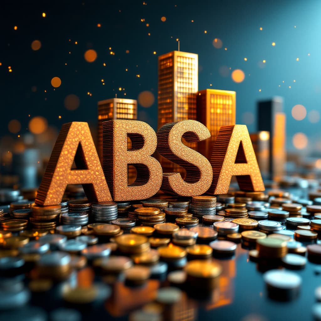 AI generated: Absa logo or shape to coins, in front a city made of notes and coins