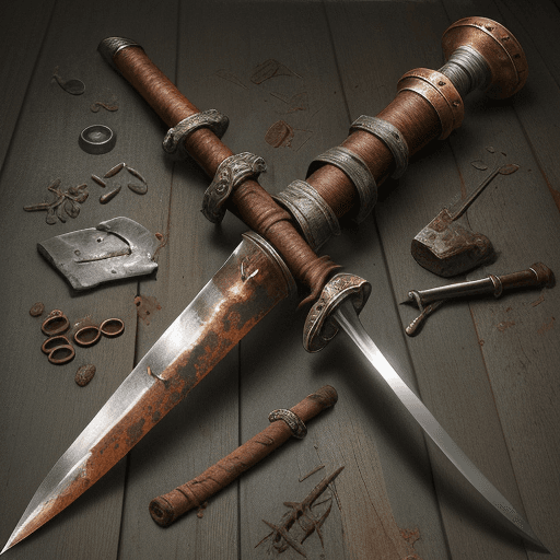 AI generated: The rusty broadsword features a hilt that is a combination of materials, including weathered wood an...