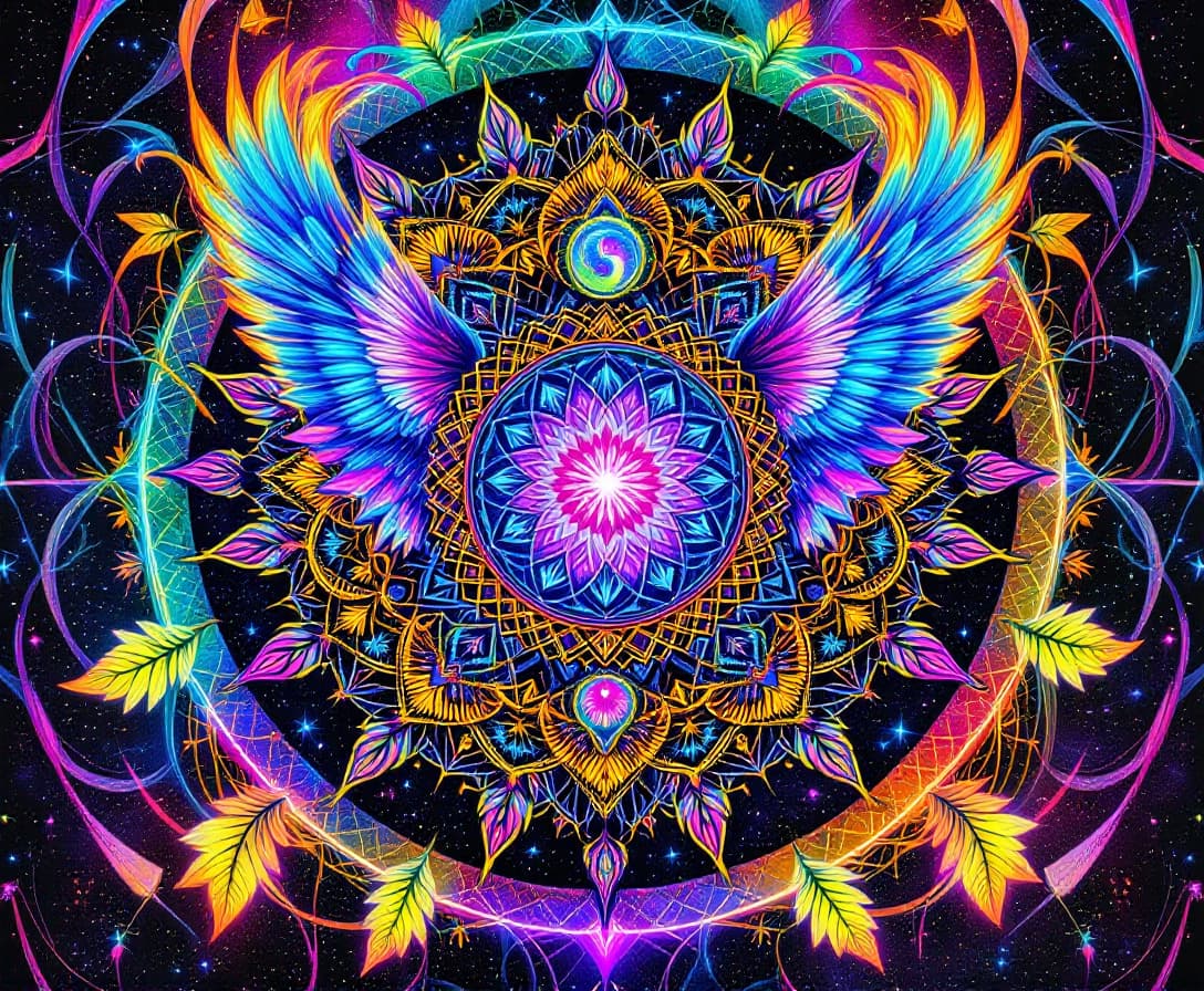 AI generated: Mandala Dreamcatcher silkscreen wall tapestry,((("Peace & Love"))) pearlescent holograph elemental  ...