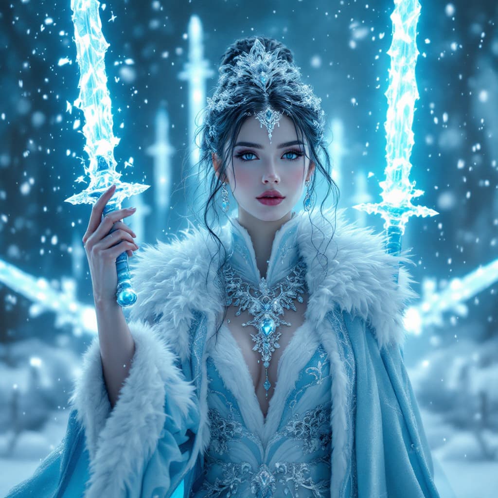 AI generated: A stunning woman in an icy blue and silver robe adorned with intricate frost-like patterns and shimm...