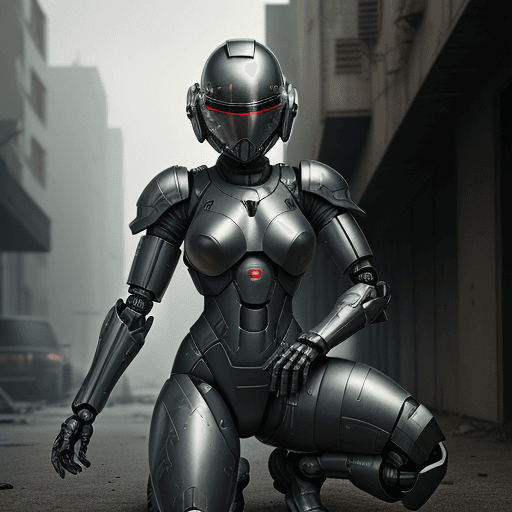 AI generated: black armed female figure in sci-fi battle armor with cybernetic helmet, aiming on one knee, mask, s...