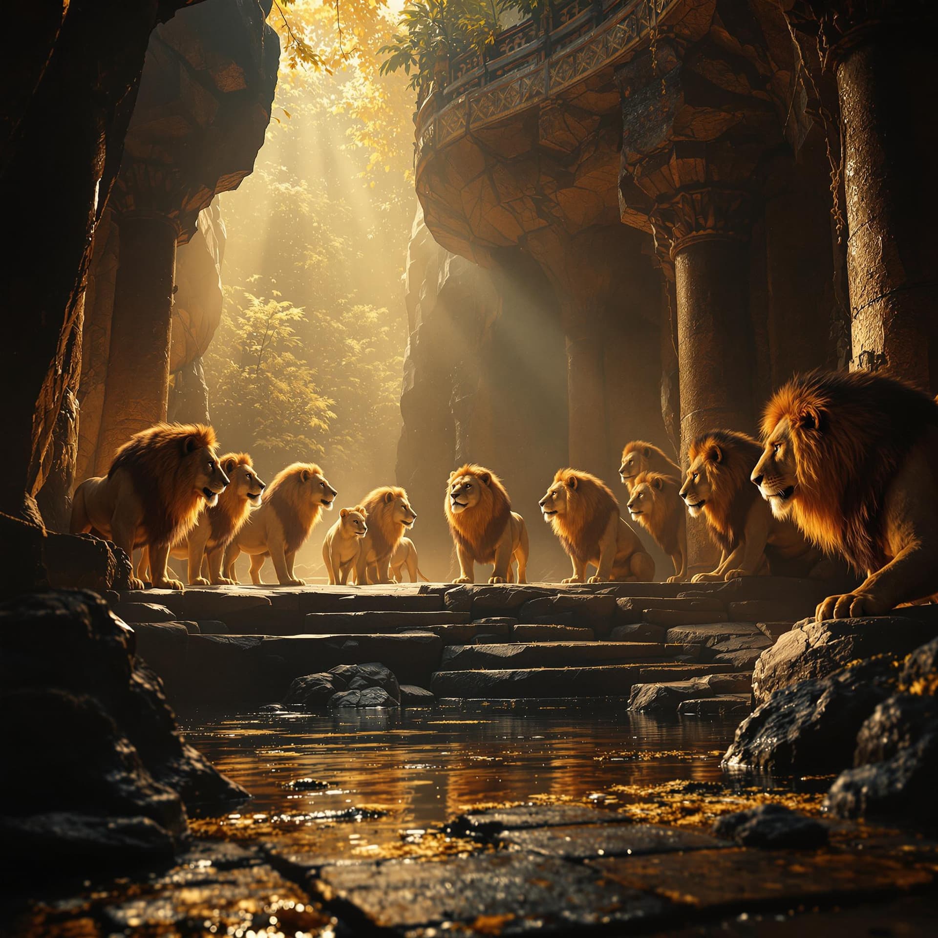 AI generated: imagine prompt: maximalist Daniel in the Lions Den - Briton Riviere, 7 lions where each one represen...