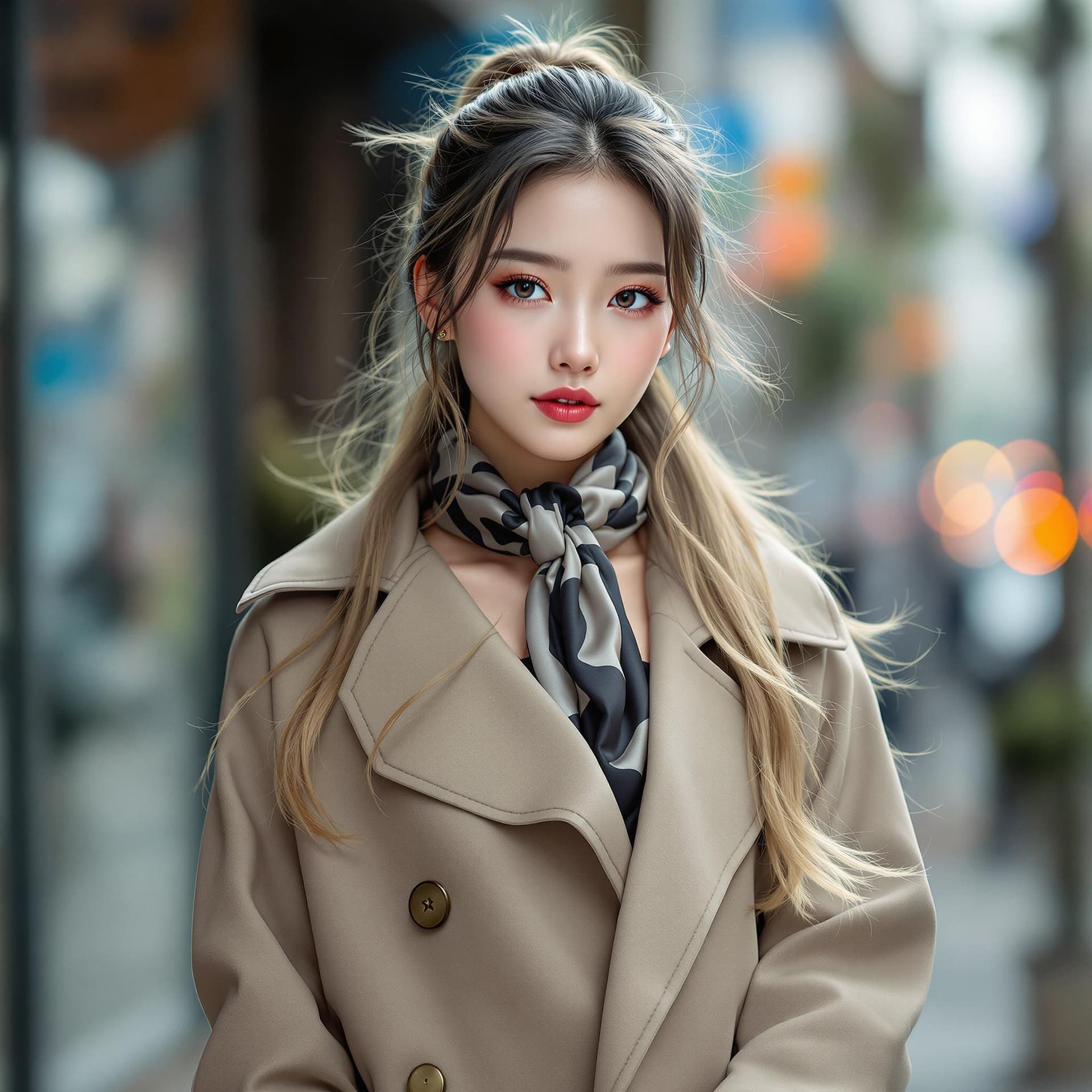 AI generated: 
    A photo of stunning Asian model with long perfect style black hair in a ponytail, professional ...