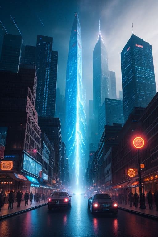 AI generated: surreal atmosphere, city, future, sci-fi, epic fantasy photo, city illuminated by a red and blue lig...