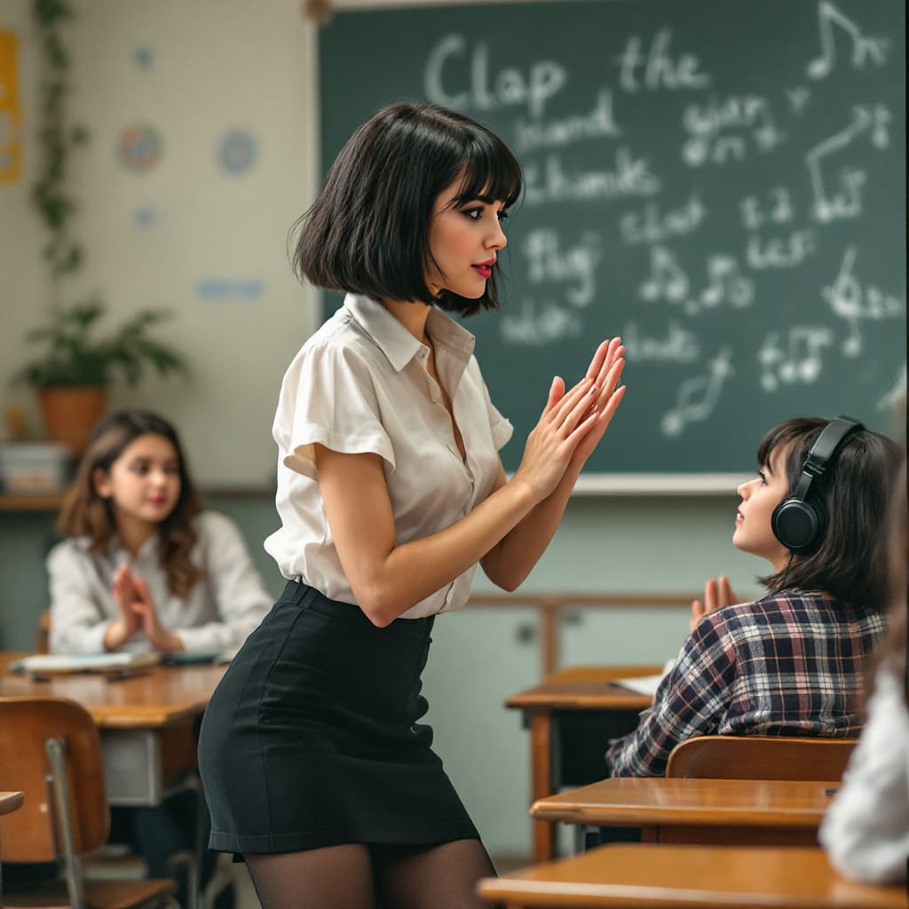 AI generated: female,Bond Hair Bob, black miniskirt, black tights,
She is a teacher, she is in the classroom, teac...