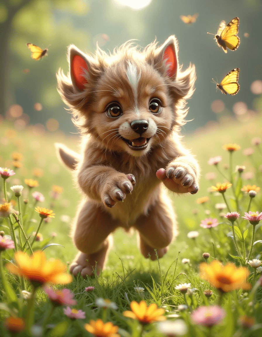 AI generated: In a sunny meadow filled with colorful wildflowers, a small ral-werwulv pup playfully chases butterf...