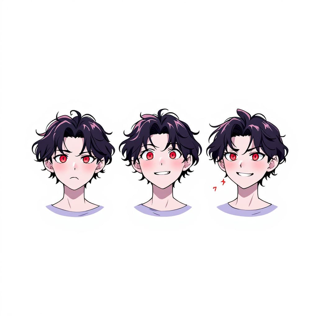 AI generated: Three versions of the same anime boy with different emotions: short wavy black hair, bright red eyes...