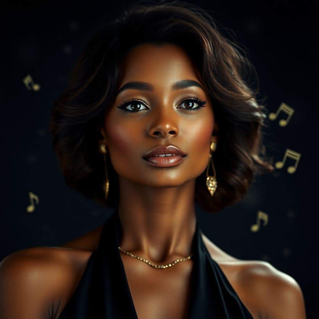 AI generated: "A captivating mid-shot portrait of an African American woman with short, softly wavy hair, graceful...