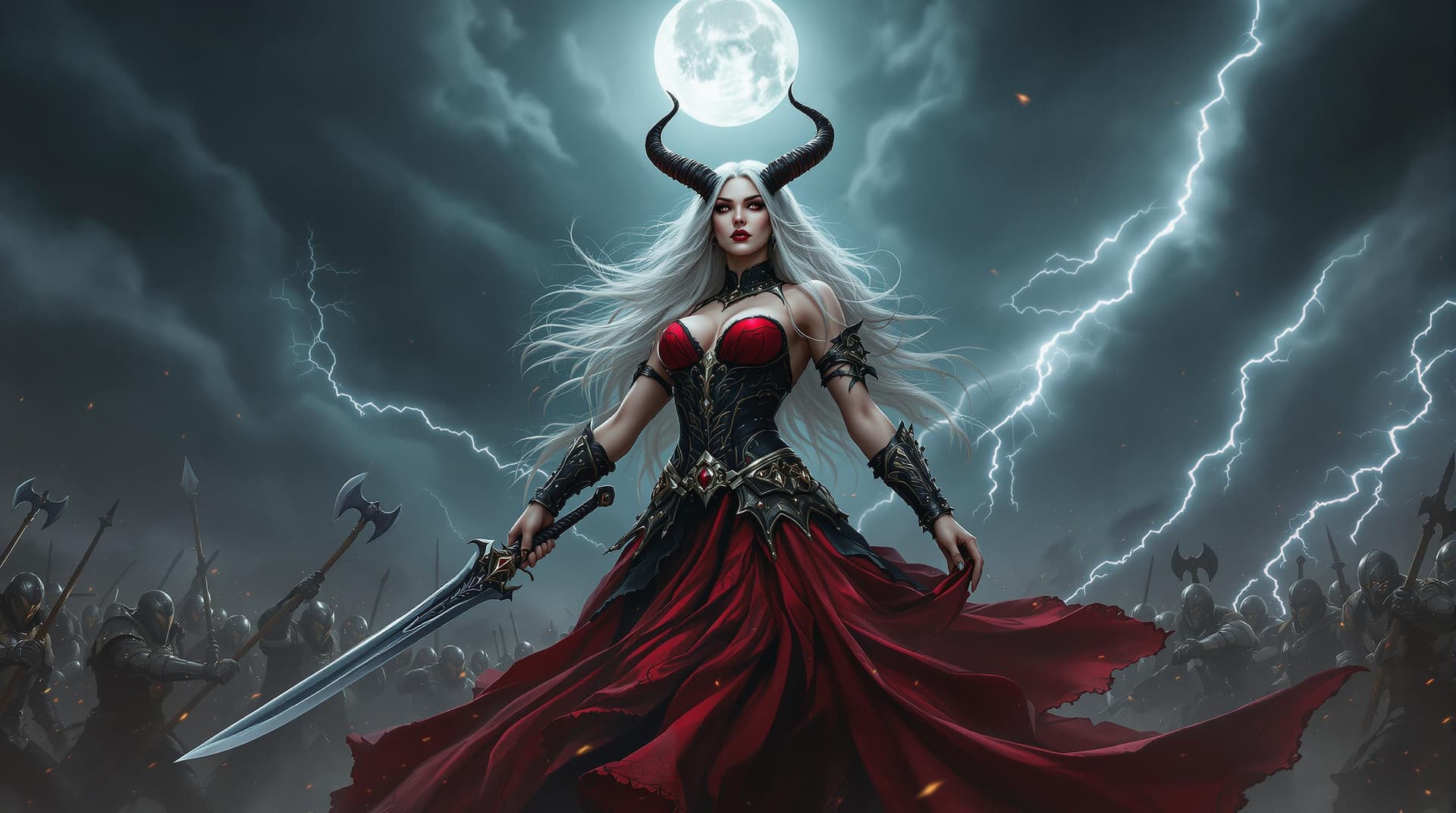 AI generated: a breathtakingly dramatic portrait of a powerful woman, poised at the forefront of a intense battle ...