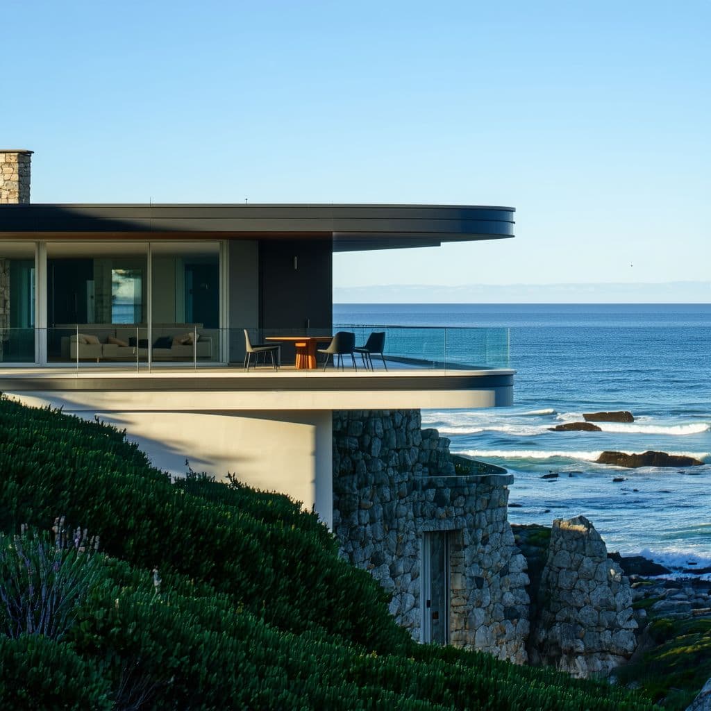 AI generated: Hyper realistic eye level exterior photo of a mid century modern style house overlooking the ocean, ...