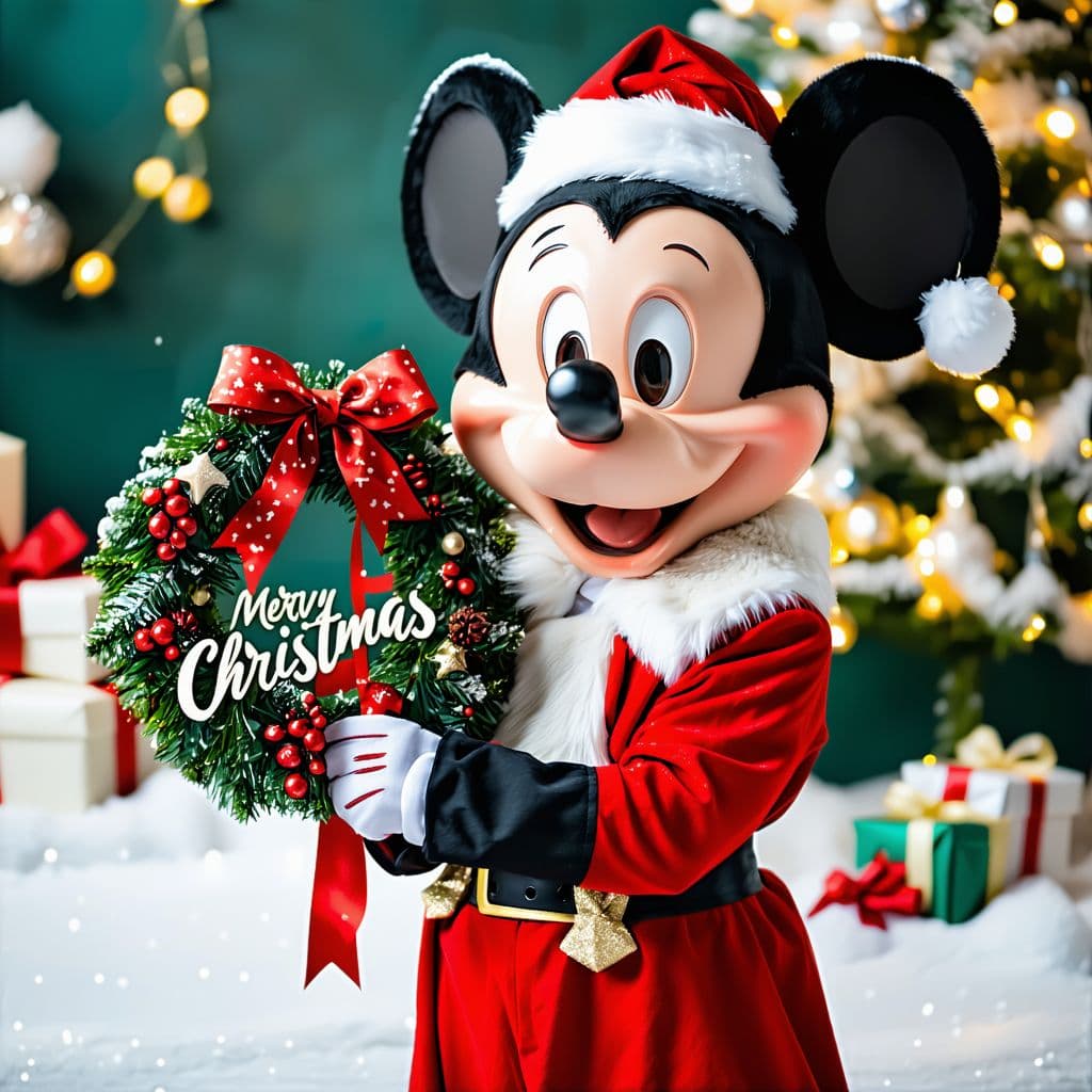 AI generated: Mickey Mouse, red Christmas outfit, holding Christmas wreath, (merry christmas:1.1) written on wreat...