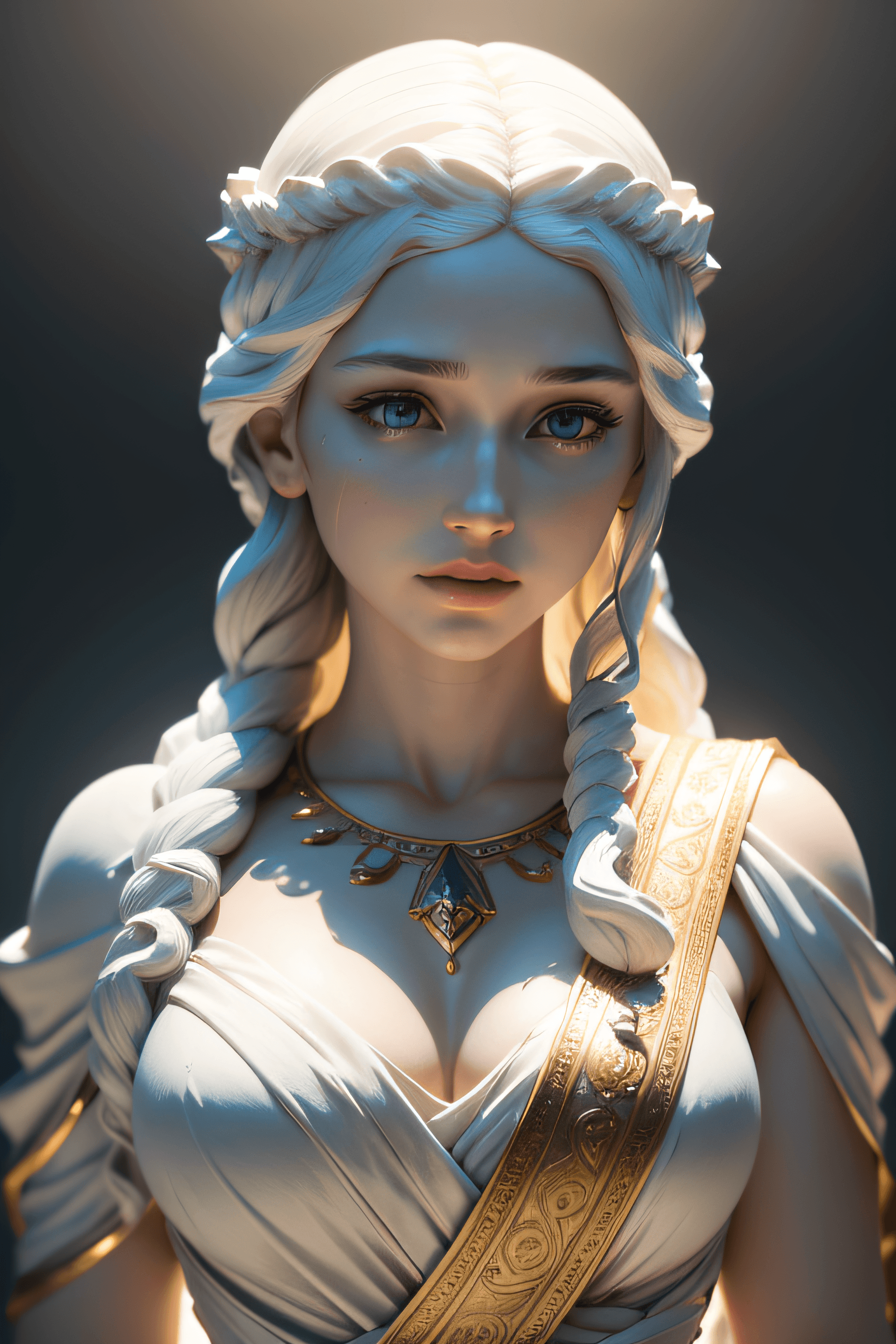 AI generated: An ancient greek godness, made by marble, cinematic lighting, white dress, gold details on her dress...