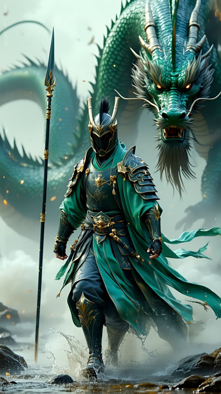 AI generated: 3D render hyper-realism, Ray tracing, unreal engine 5. A fierce warrior wielding a spear, clad in dr...