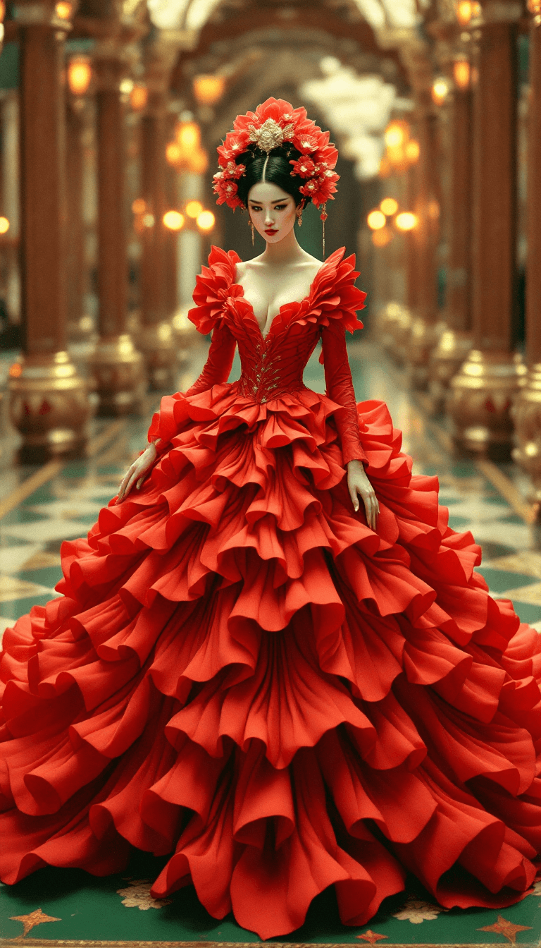 AI generated: photo of a japanese queen wearing a red lotus shaped haute couture crinoline gown, farthingale, lotu...