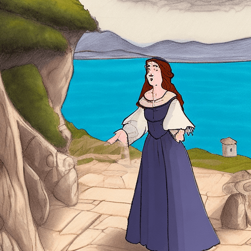 AI generated: Woman dressed with medieval clothes singing by the sea of Vigo (Spain). Ghibli drawing style.
