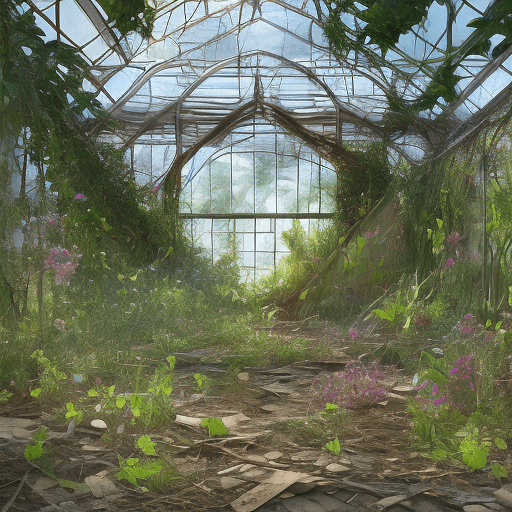 AI generated: Amidst a derelict garden, we enter a dilapidated greenhouse overtaken by tangled vines and broken gl...