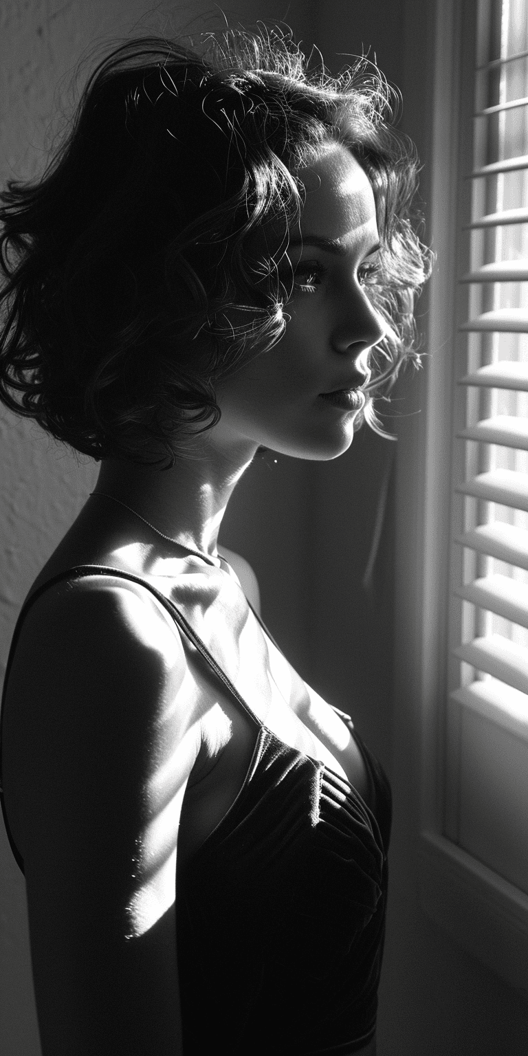 AI generated: film noir photo, beautiful woman, in the style of Robert Coburn, slight blur --chaos 20 --ar 1:2 --s...
