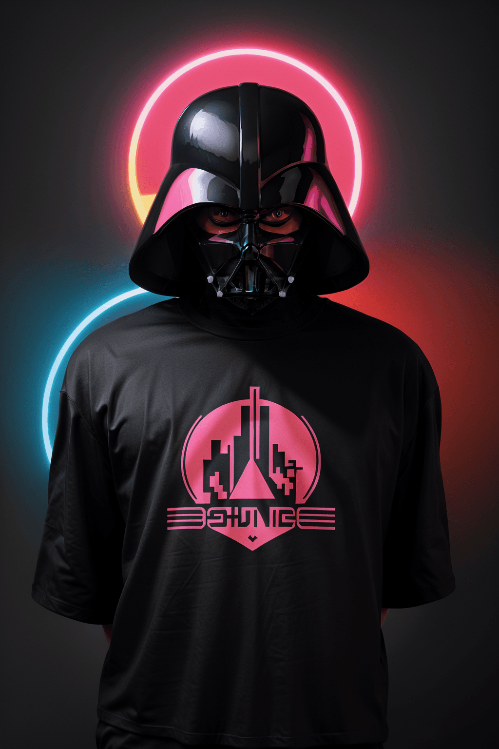 AI generated: Design a vector logo for a t-shirt with a synthwave theme featuring Darth Vader. Use vibrant colors ...