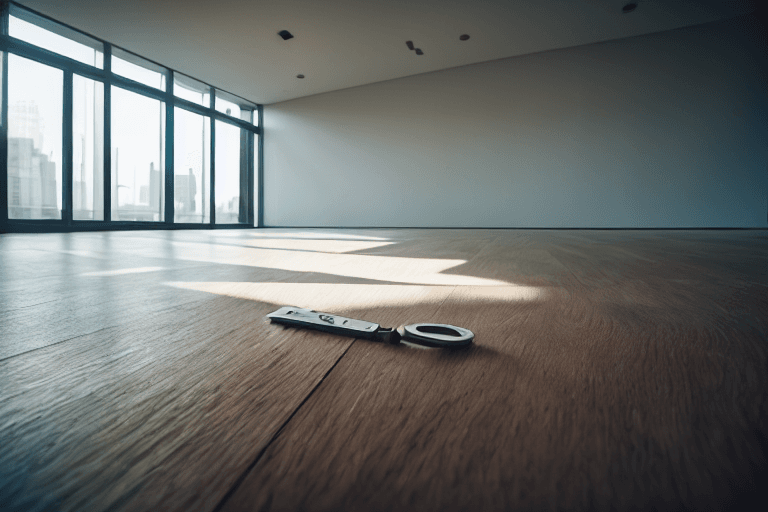 AI generated: Key on the floor of big light empty room in new apartment. Buy new home concept. Mortgage, investmen...