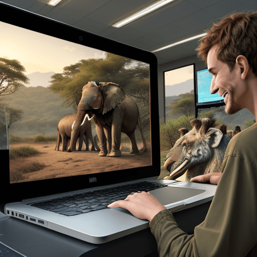 AI generated: friendly atmosphere, elephant exploring an abstract software infrastructure, dashboard in the backgr...