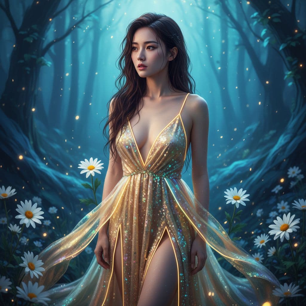 AI generated: The image is a young chinese woman with long wavy dark brown wet hair cascading over her shoulders. ...