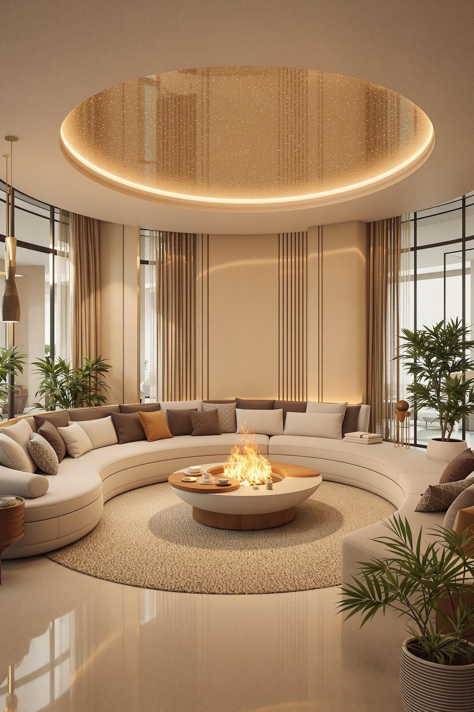 AI generated: sunken living room conversation pit 70s, retrofuturism interior design, imaginary 3d dreamy 8k blend...