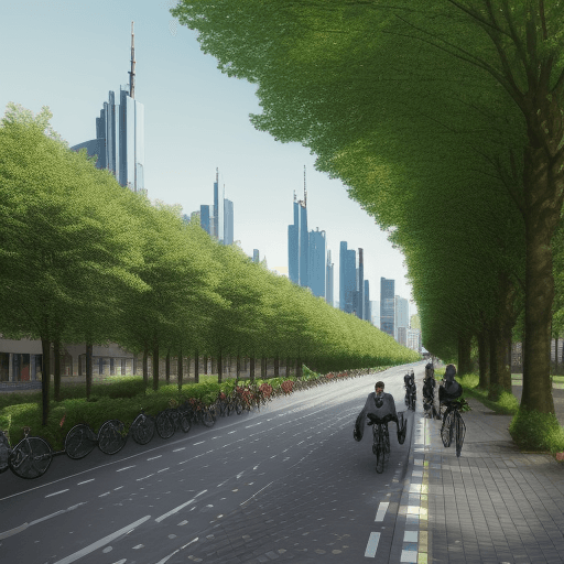 AI generated: Realistic Frankfurt City Skyline. Bicycle lane with green trees and many bicyclesdrivers.
