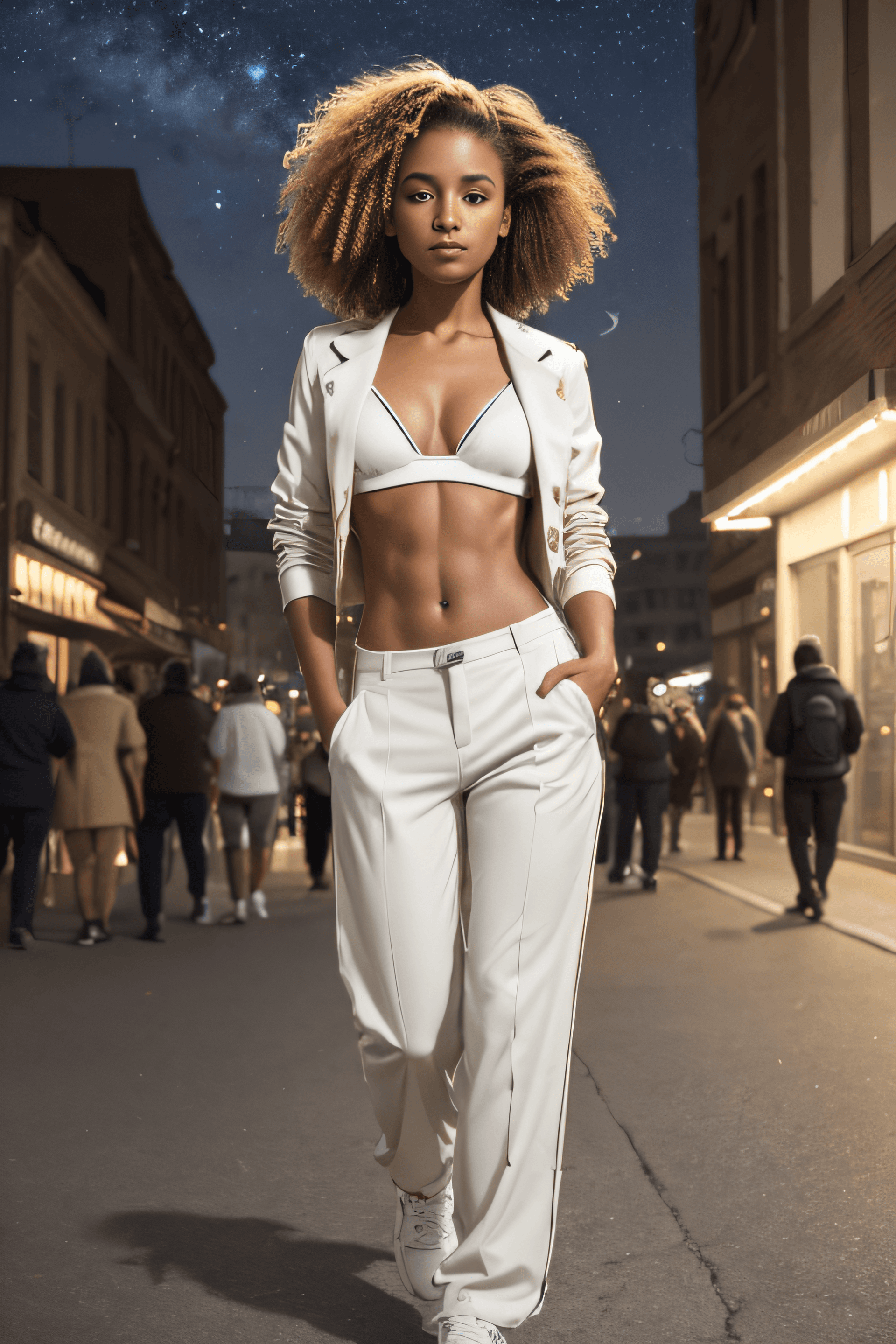 AI generated: 1girl, a woman ,3/4 body, Walking along a street, with windblown hair and a carefree expression, sne...