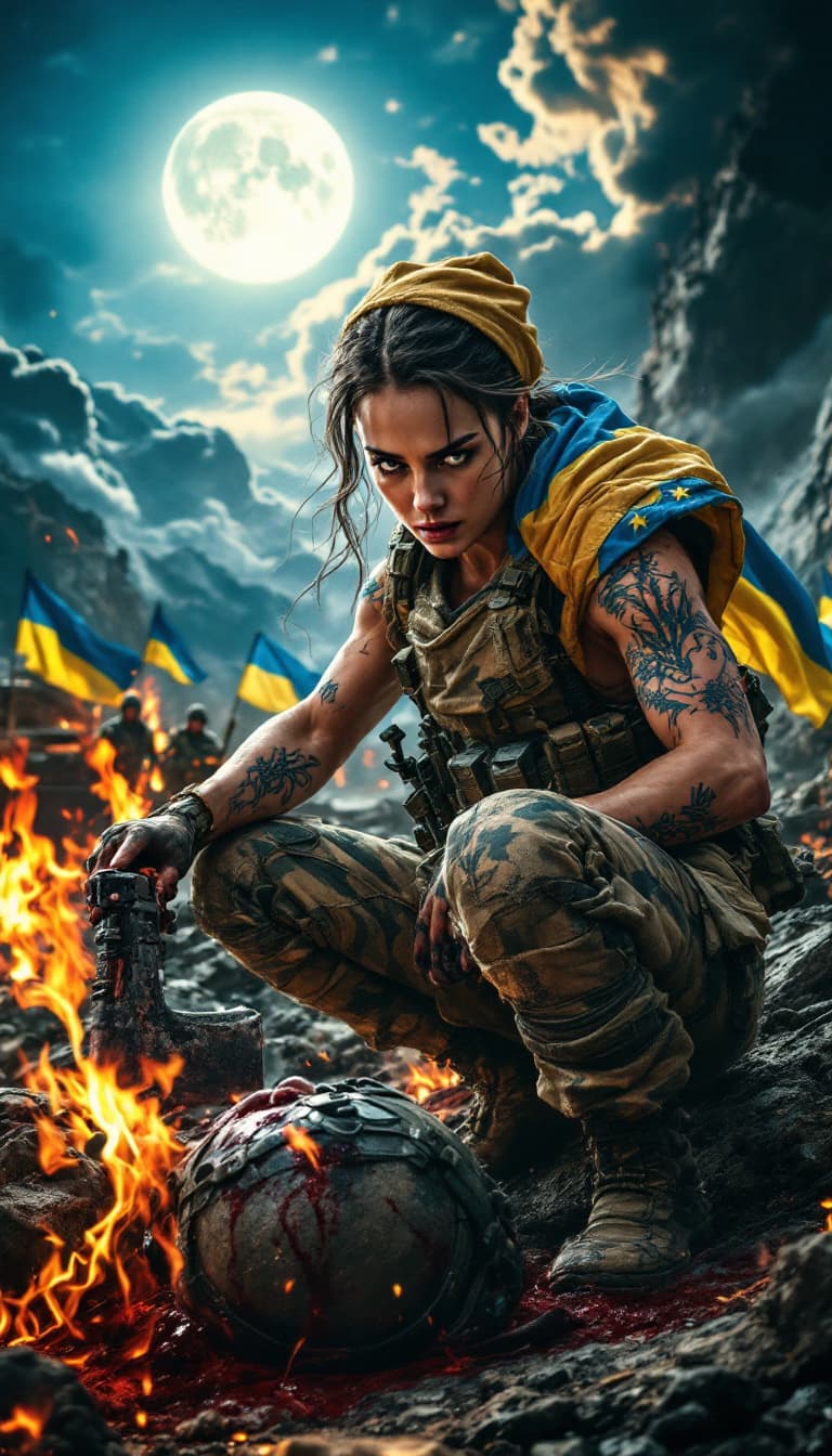 AI generated: An all over the body Tatooed with Ukrainian trident motif heavily armed with rifles and battle axes ...