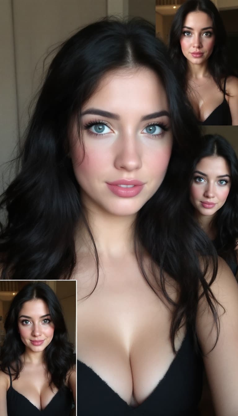 AI generated: 10 pictures, 18-year-old woman, progression picture fat to fit, black hair, light blue eyes, tanned ...