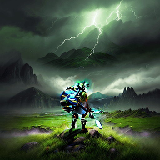 AI generated: High resolution render, digital painting, link from legend of Zelda, standing in a grassy field, hol...