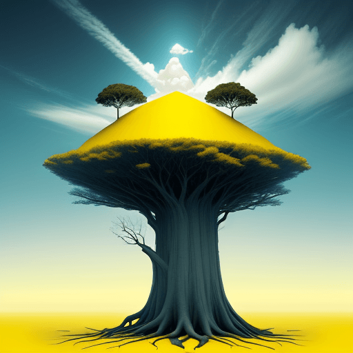 AI generated: mystical Sky Island, yellow backdrop,in mid-air,a colossal withered tree,,Unveil the secrets hidden ...