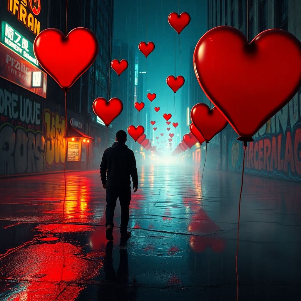 AI generated: “30‑second hip-hop music video in a surreal style — a heartbroken young man wanders through an endle...