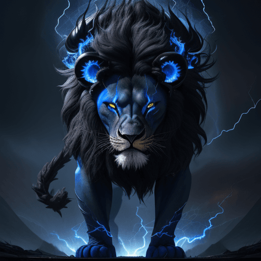 AI generated: powerful dark lion projecting dark blue energy flames, 8K RESOLUTION, MALE HUMANOID PRINCE of darkne...